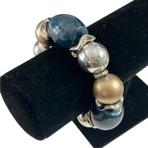 Chunky 3” Beaded Stretch Bracelet Blue Gold & Silver Beads Vintage Preowned